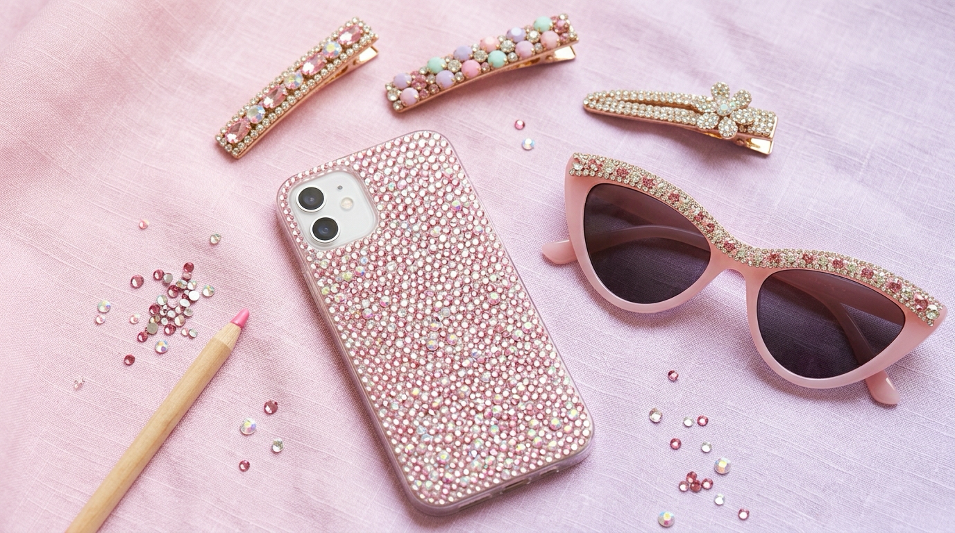 Close-up of a rhinestone phone case, gem-trimmed sunglasses and crystal hair clips