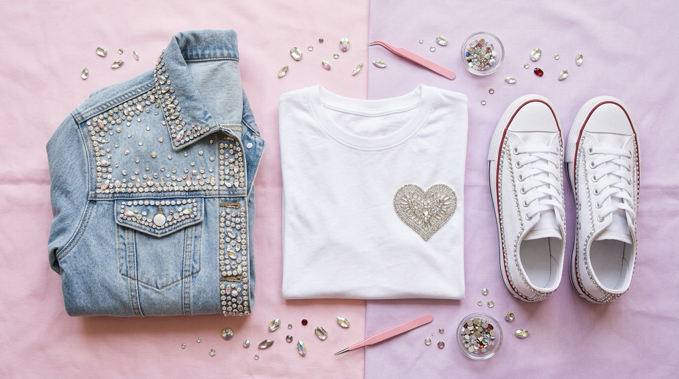Bedazzled denim jacket, rhinestone heart t-shirt and crystal-trimmed sneakers arranged flat