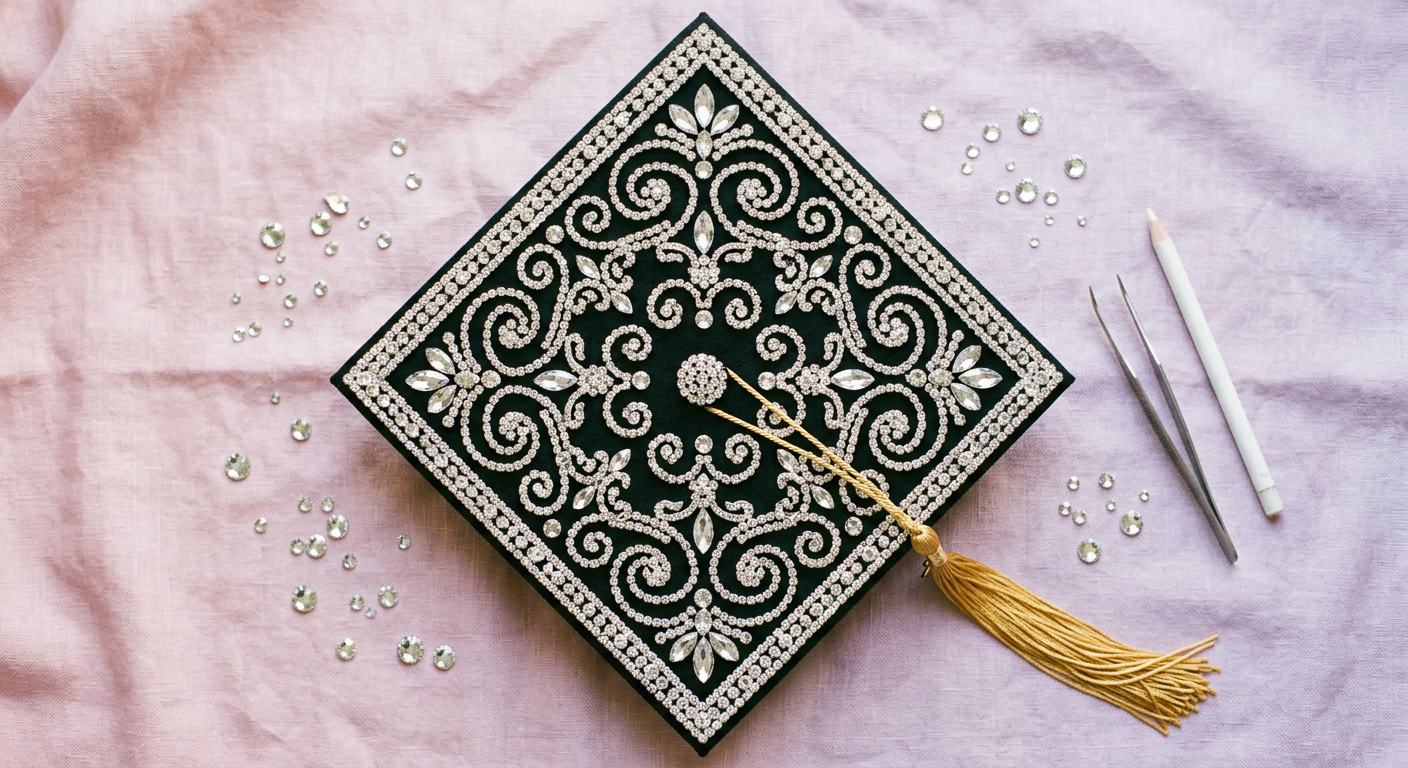 Finished rhinestone graduation cap covered in clear crystals, flat-lay with a gold tassel and scattered stones