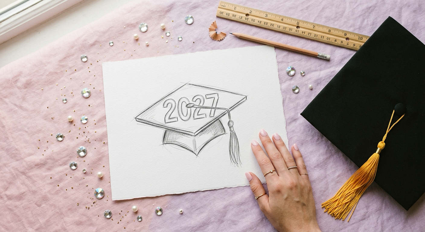 Paper template with a pencil sketch of a 2027 graduation cap design next to a plain black mortarboard