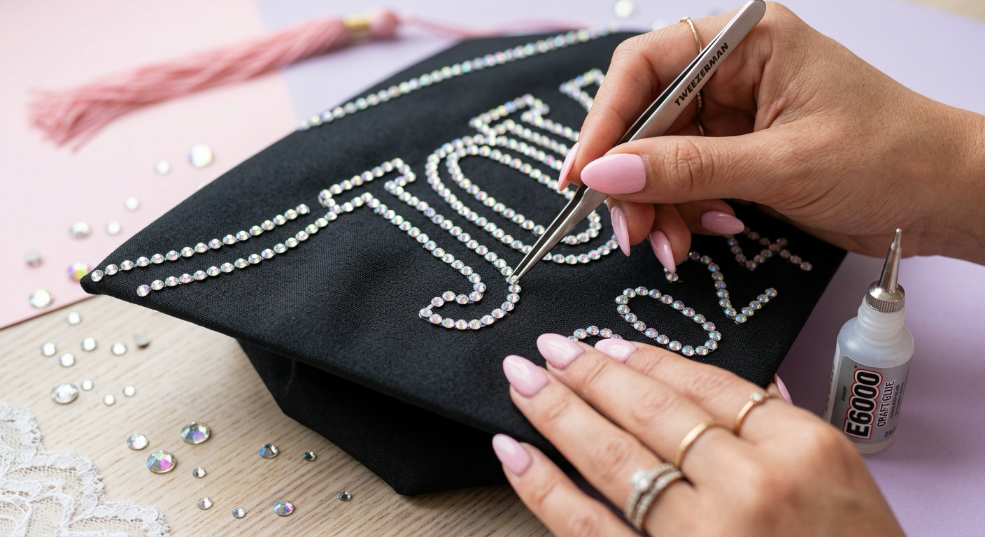 Hands placing small rhinestones along a letter outline on a black graduation cap
