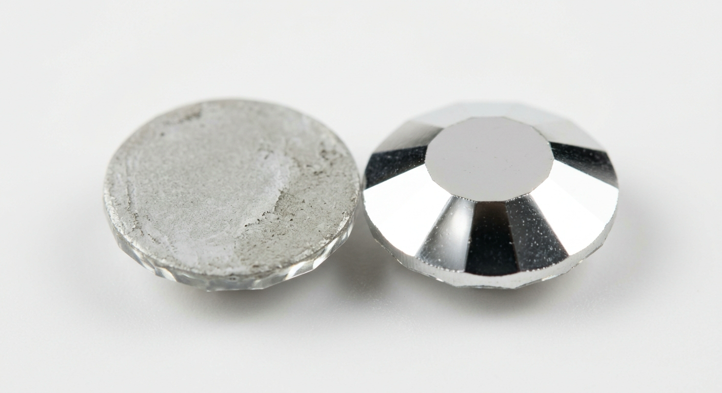 Two rhinestones side by side, the left showing a dull grey adhesive coating across its flat back, the right a clean mirrored one