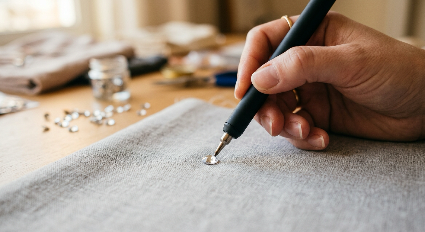 Heated applicator wand tip pressing a single rhinestone onto grey cotton fabric