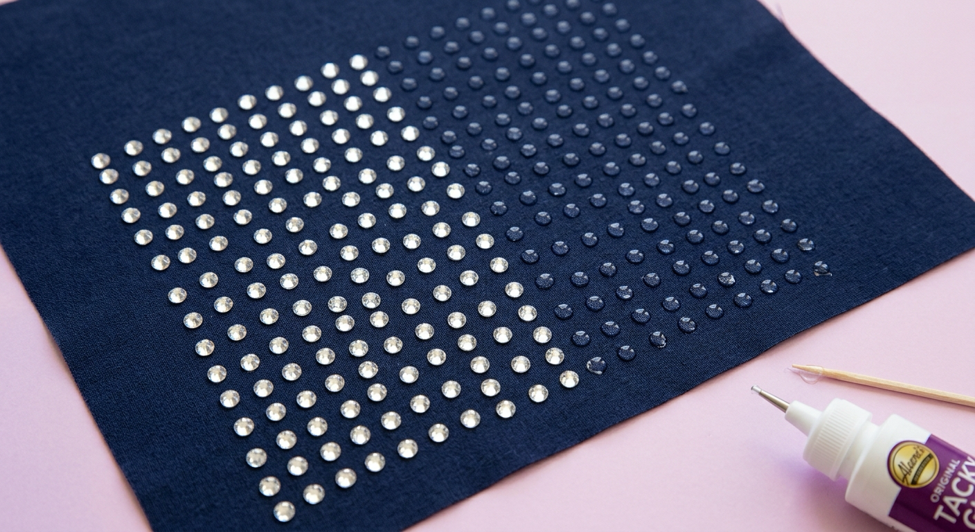 Evenly spaced glue dots on dark fabric with flatback rhinestones half placed