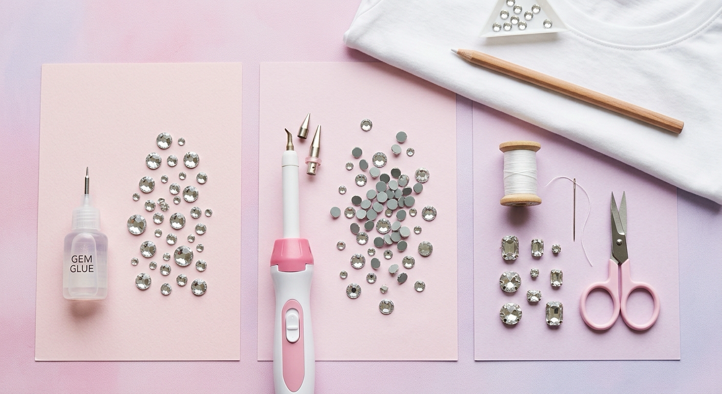 Three ways to apply rhinestones to clothes: glue bottle, hotfix wand and needle with sew-on stones