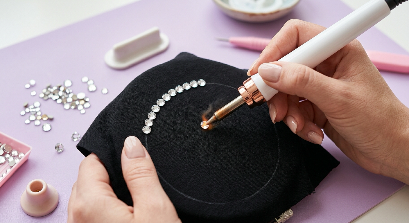 Hotfix applicator wand setting a crystal rhinestone onto black cotton fabric