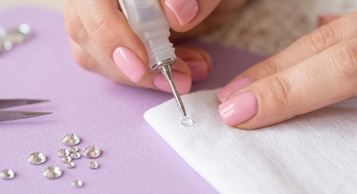 Close-up of a tiny dot of rhinestone glue being applied to white cotton fabric with a fine-tip bottle