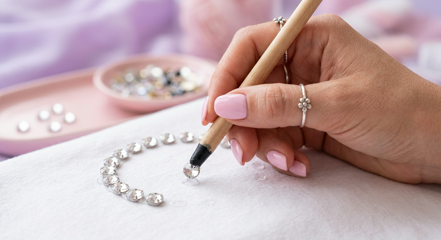 Placing a flatback rhinestone on fabric with a wax pencil pick-up tool along a curved design line