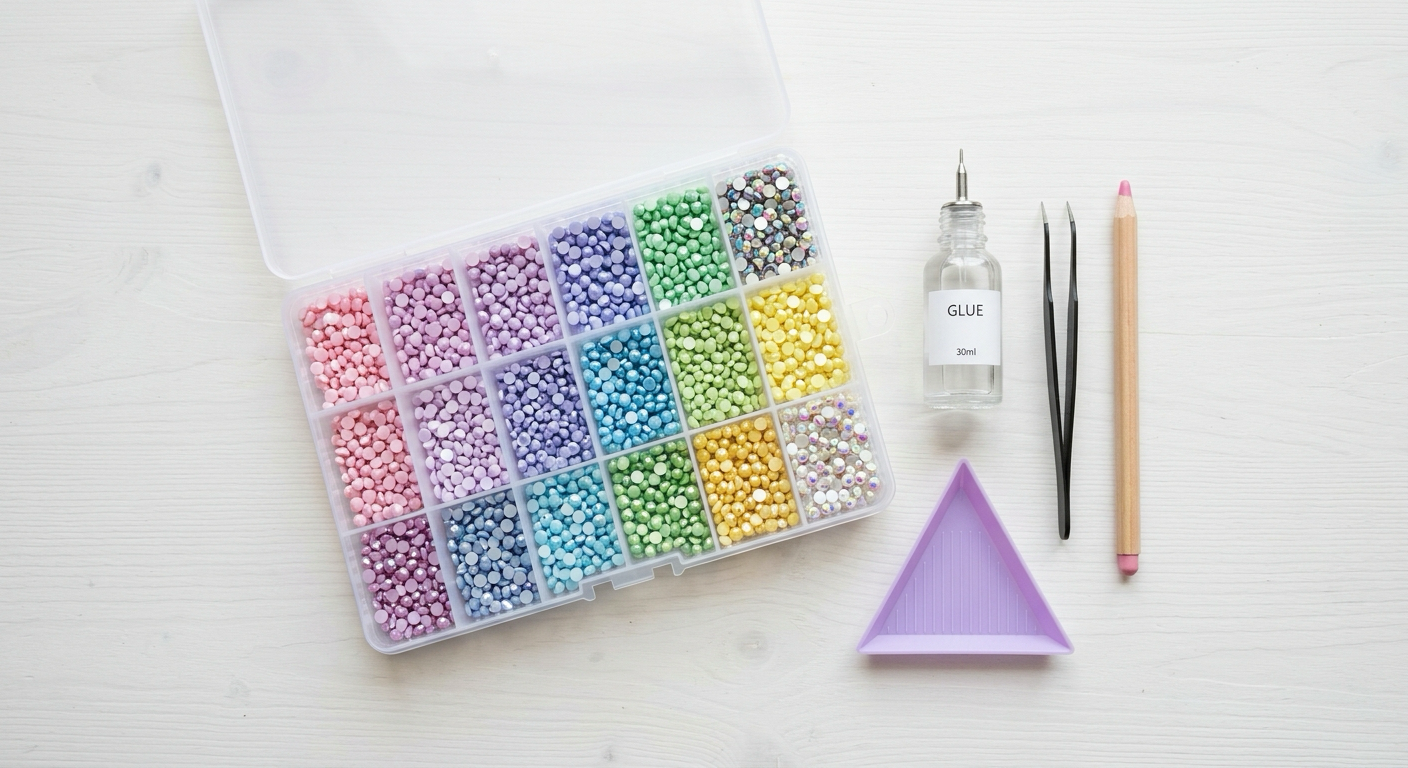Opened bedazzling kit laid out: compartment case of flatback rhinestones, glue bottle, tweezers, wax pick-up pencil and sorting tray