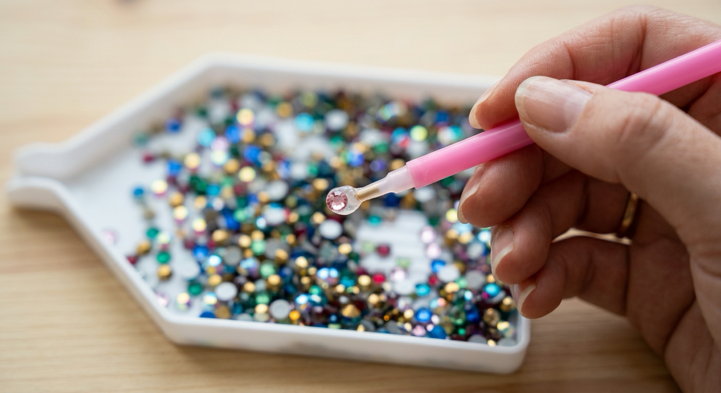 Hand using a wax-tipped pick-up pencil to lift a single pink rhinestone from a tray of loose stones