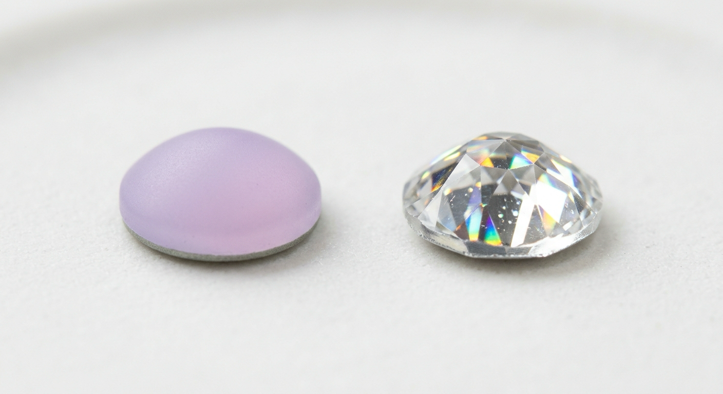 Close-up comparison of a matte lilac resin rhinestone next to a faceted glass crystal rhinestone