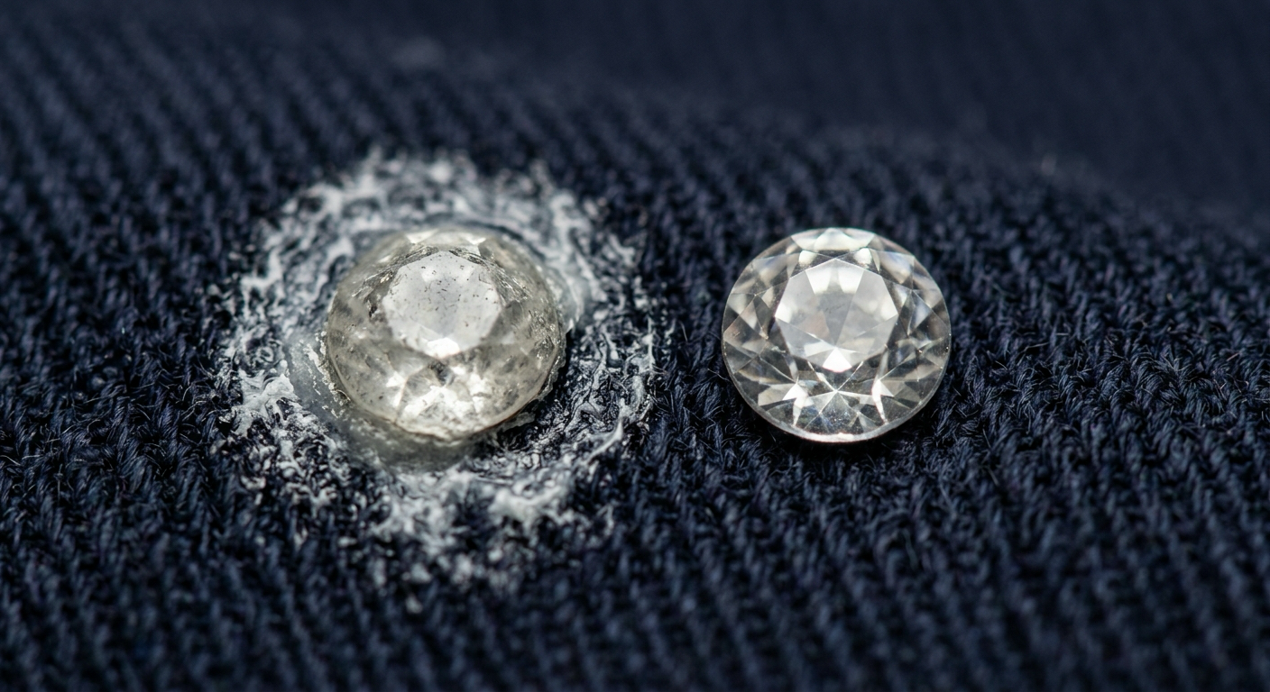 Two rhinestones on dark fabric, one with a cloudy dried glue halo around its base and one clean