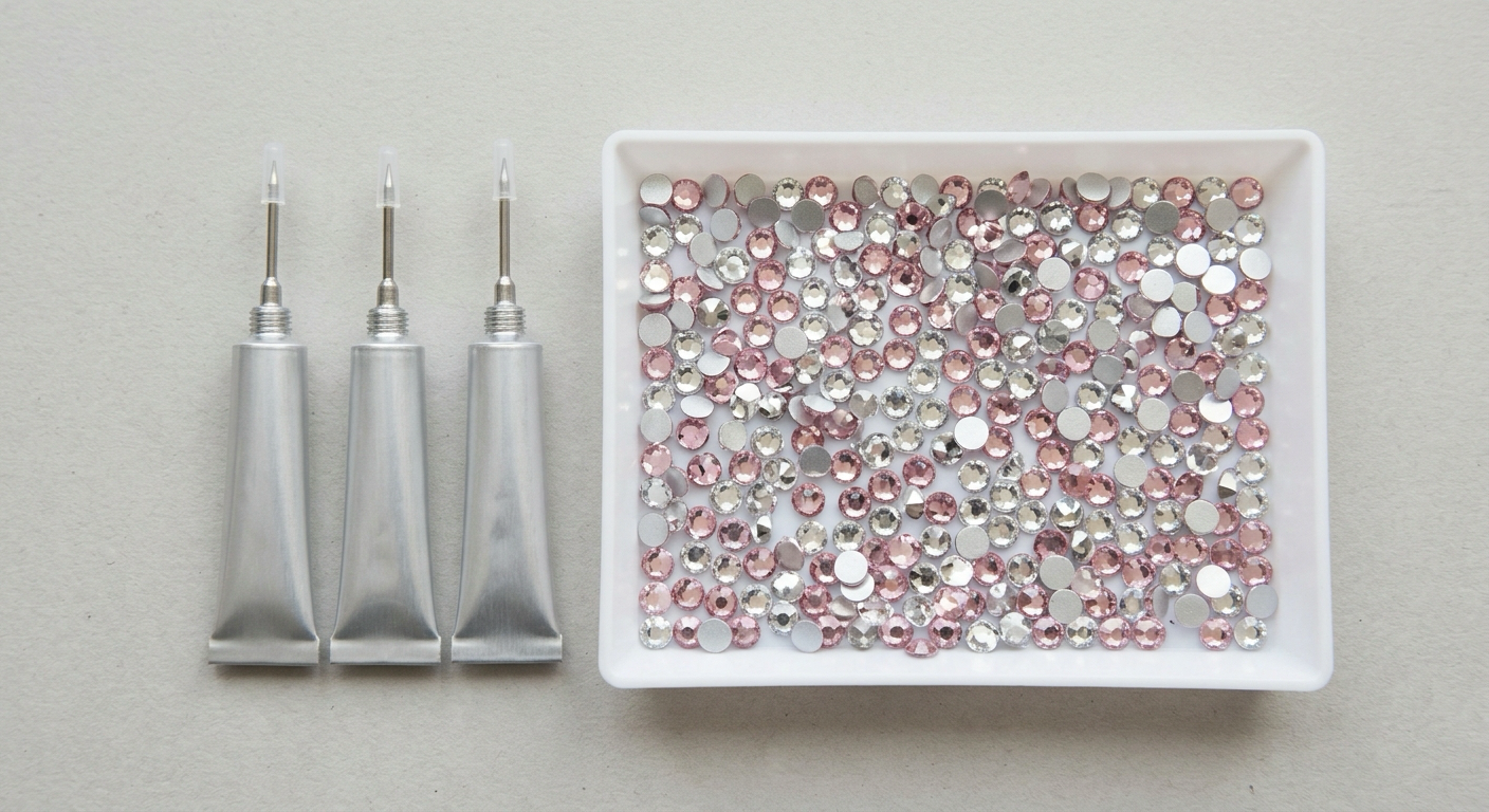 Three unlabeled adhesive tubes with fine metal tips beside a tray of loose flatback rhinestones