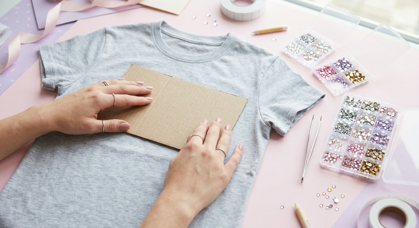 Hands sliding a cardboard insert inside a t-shirt before applying rhinestones