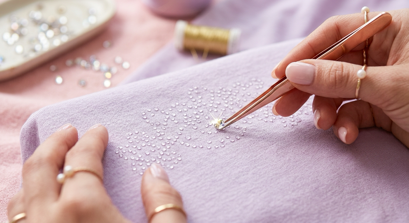 Close-up of tiny glue dots on shirt fabric with tweezers placing a rhinestone