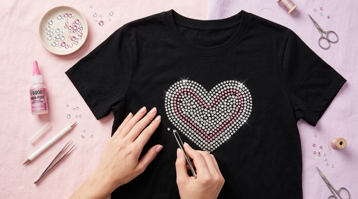 Black t-shirt with a rhinestone heart design surrounded by bedazzling supplies